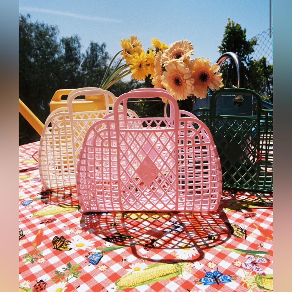 sunjellies retro basket tote handbag - small cream nwt